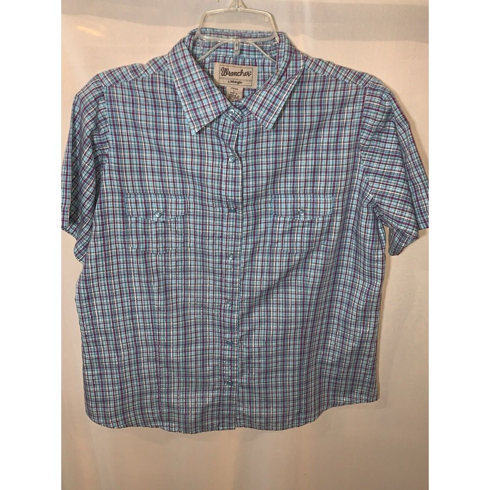 Women's L Blue Pink Sparkle plaid Wrancher Wrangler Short Sleeve Pearl Snap - Picture 1 of 16